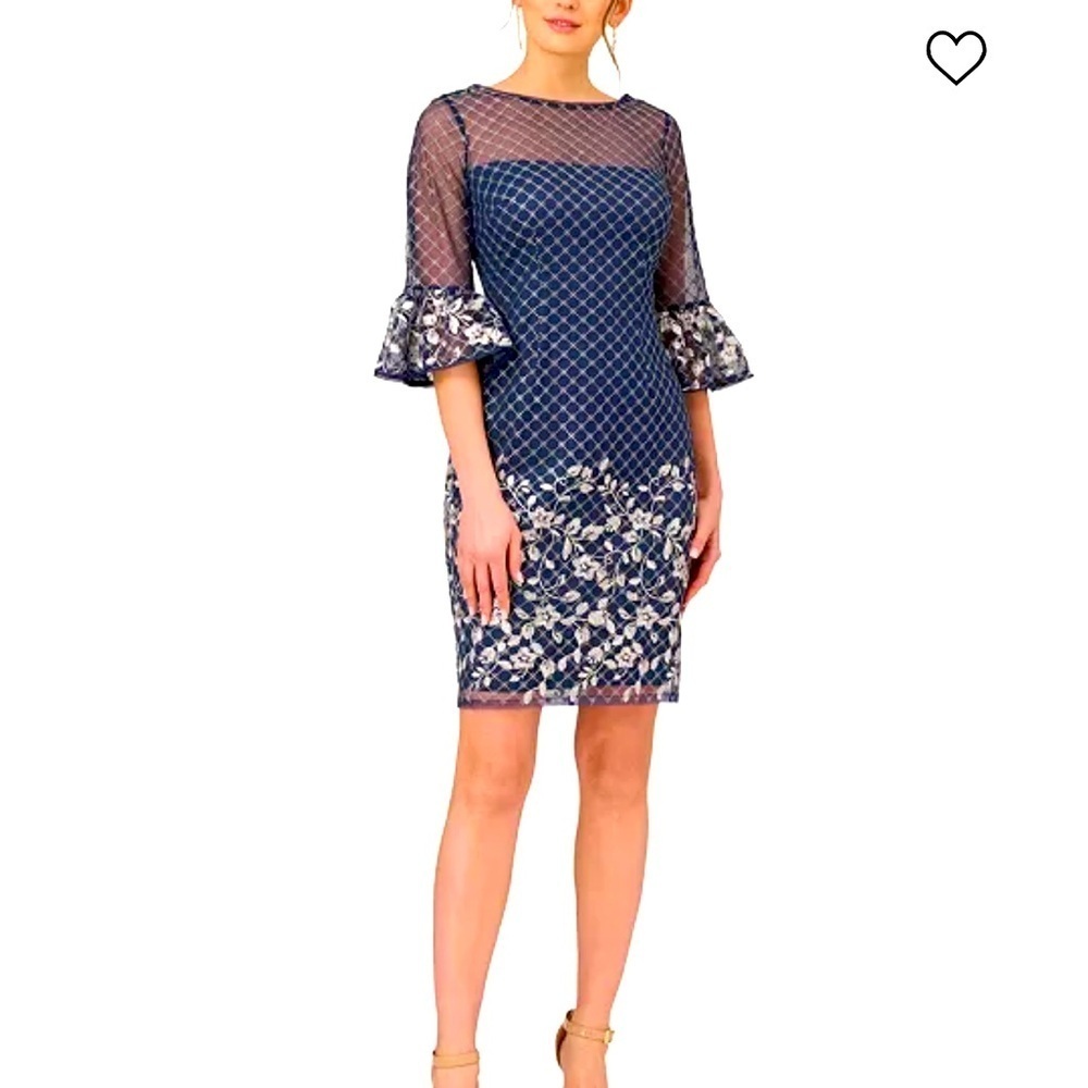 Adrianna Papell Boat-Neck Mesh-Overlay border embroidery sheath Dress - Picture 9 of 11